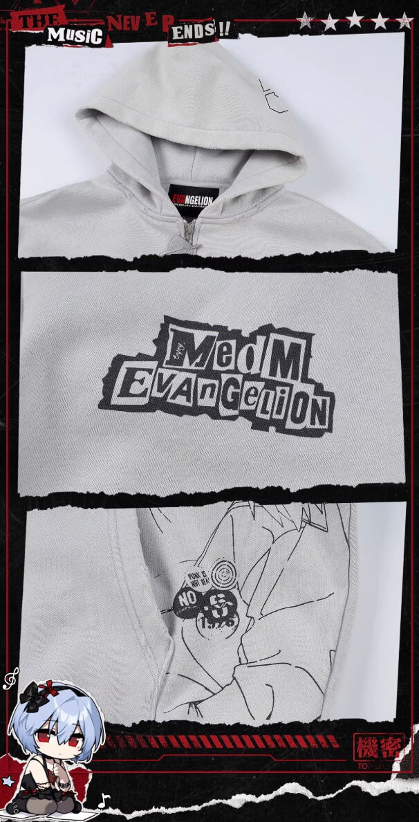 MEDM x EVA NEVER END Character Print Distressed Washed Zip Up Hoodie