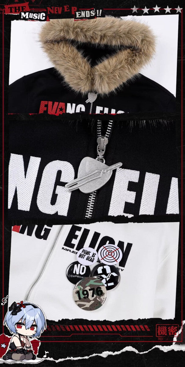 MEDM x EVA NEVER END Character Print Logo Embroidered Fur Hood Zip Up Hoodie