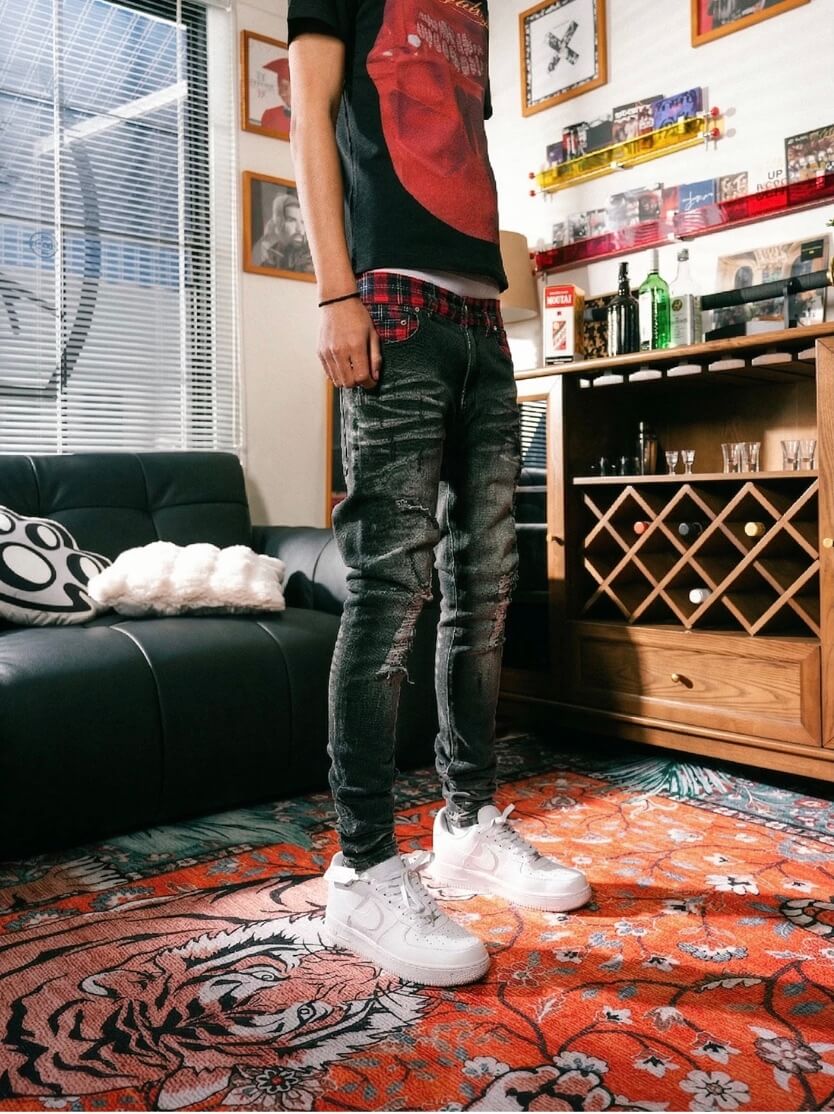 TGFCLUB Plaid Patchwork Waistband Skinny Jeans
