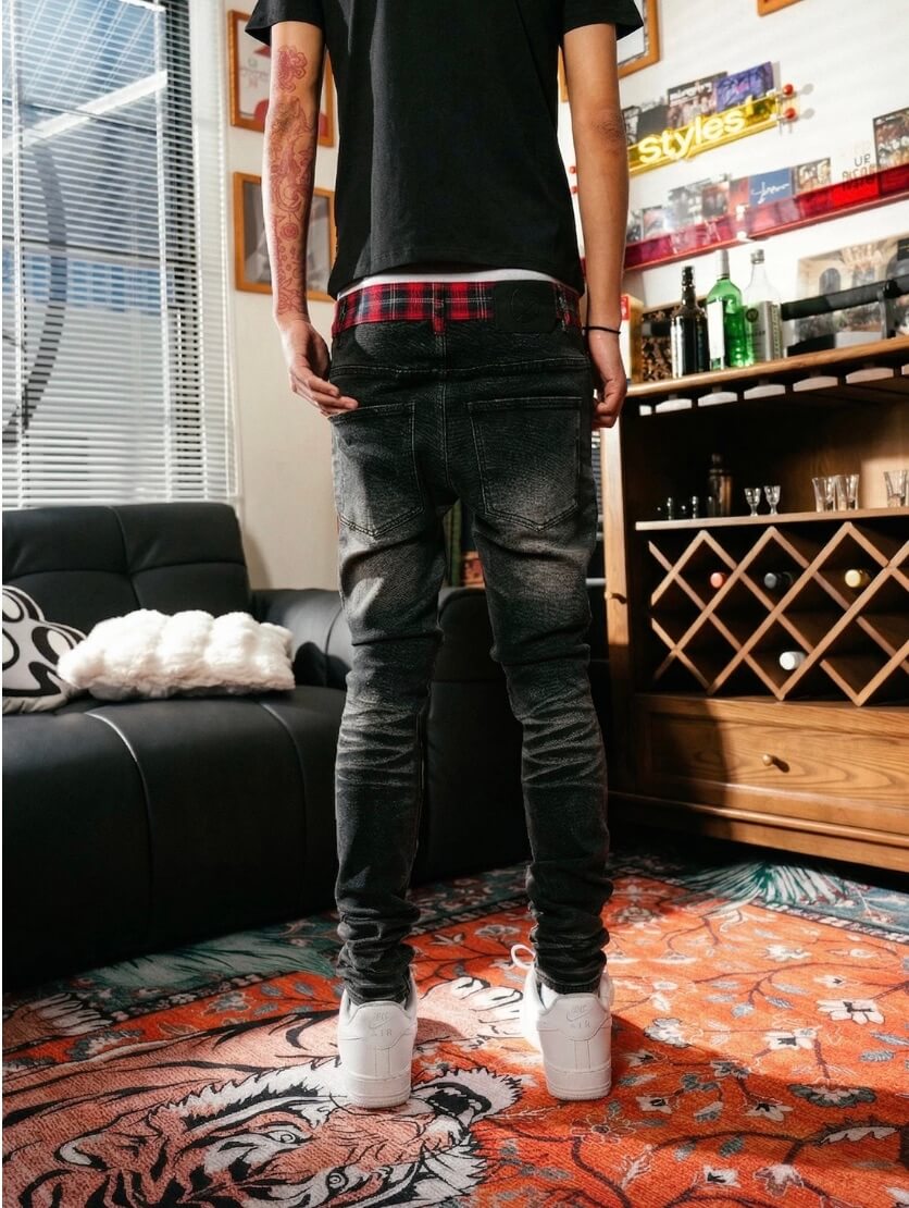 TGFCLUB Plaid Patchwork Waistband Skinny Jeans