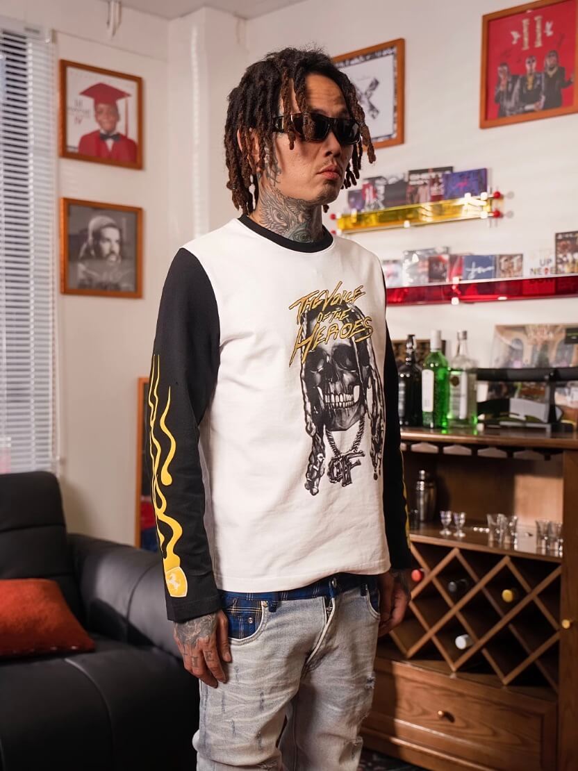 TGFCLUB Skull Print Color Block Slim Fit Long Sleeve Tee