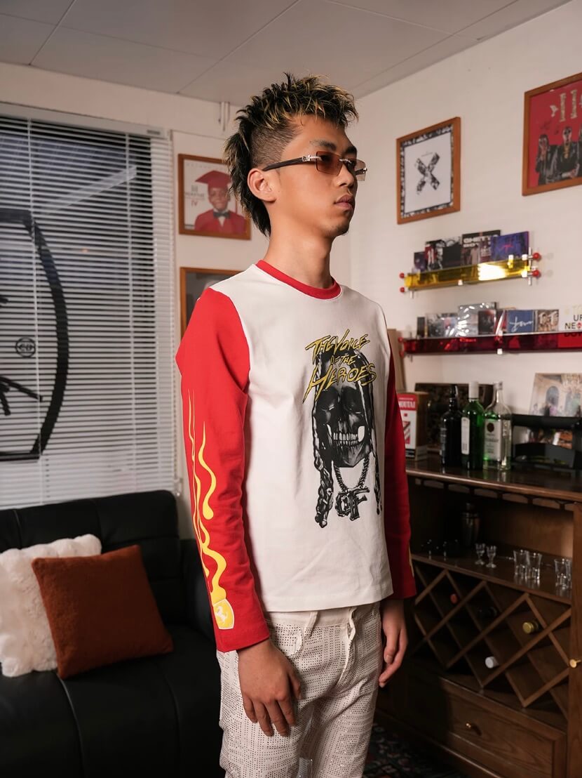TGFCLUB Skull Print Color Block Slim Fit Long Sleeve Tee