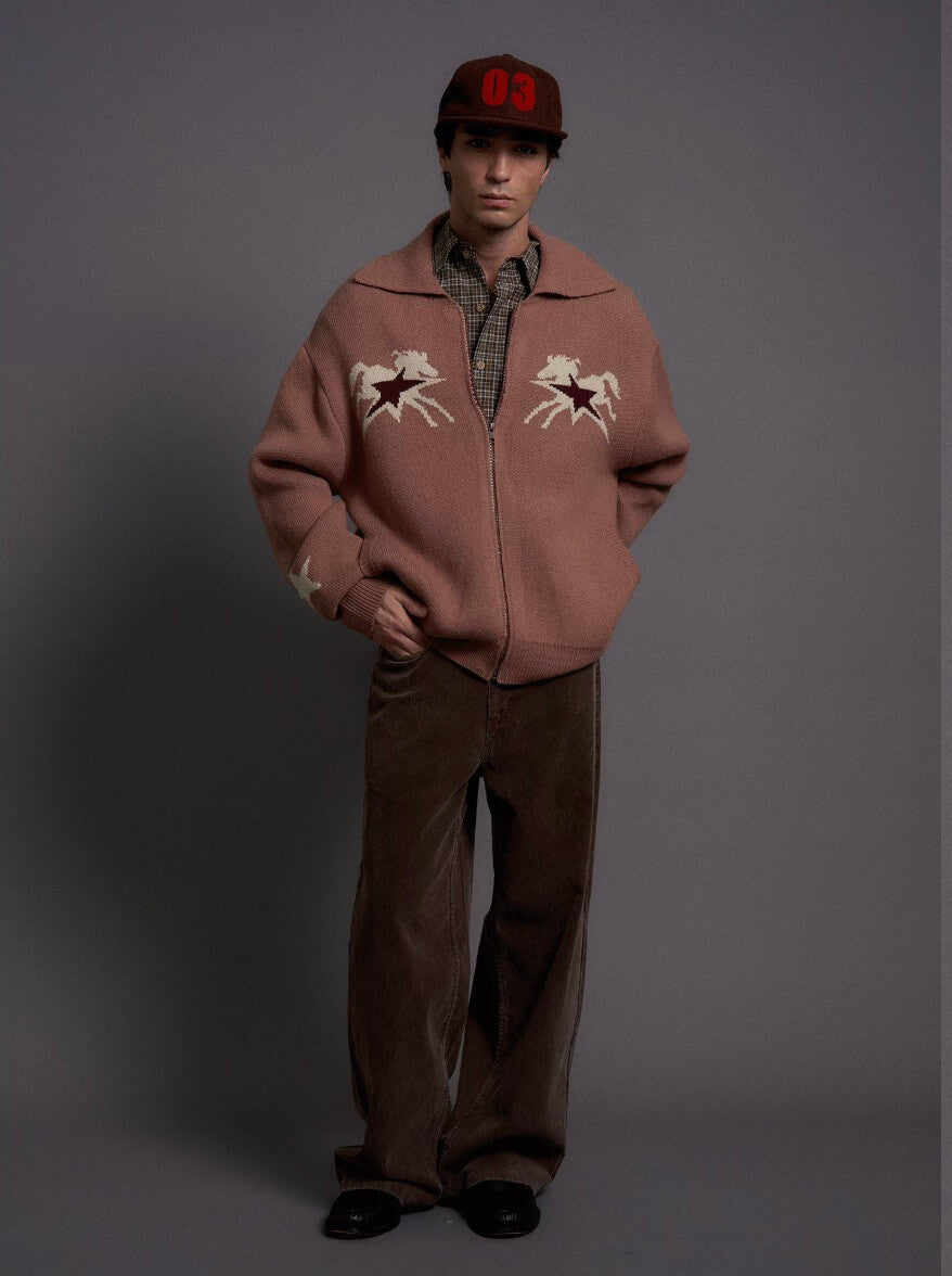 LIBERAFIT Cowboy Star Jacquard Zip Up Cowichan Cardigan
