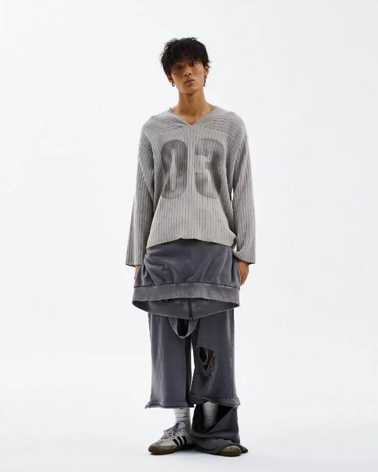LIBERAFIT V Neck Ribbed Knit Long Sleeve Sweater