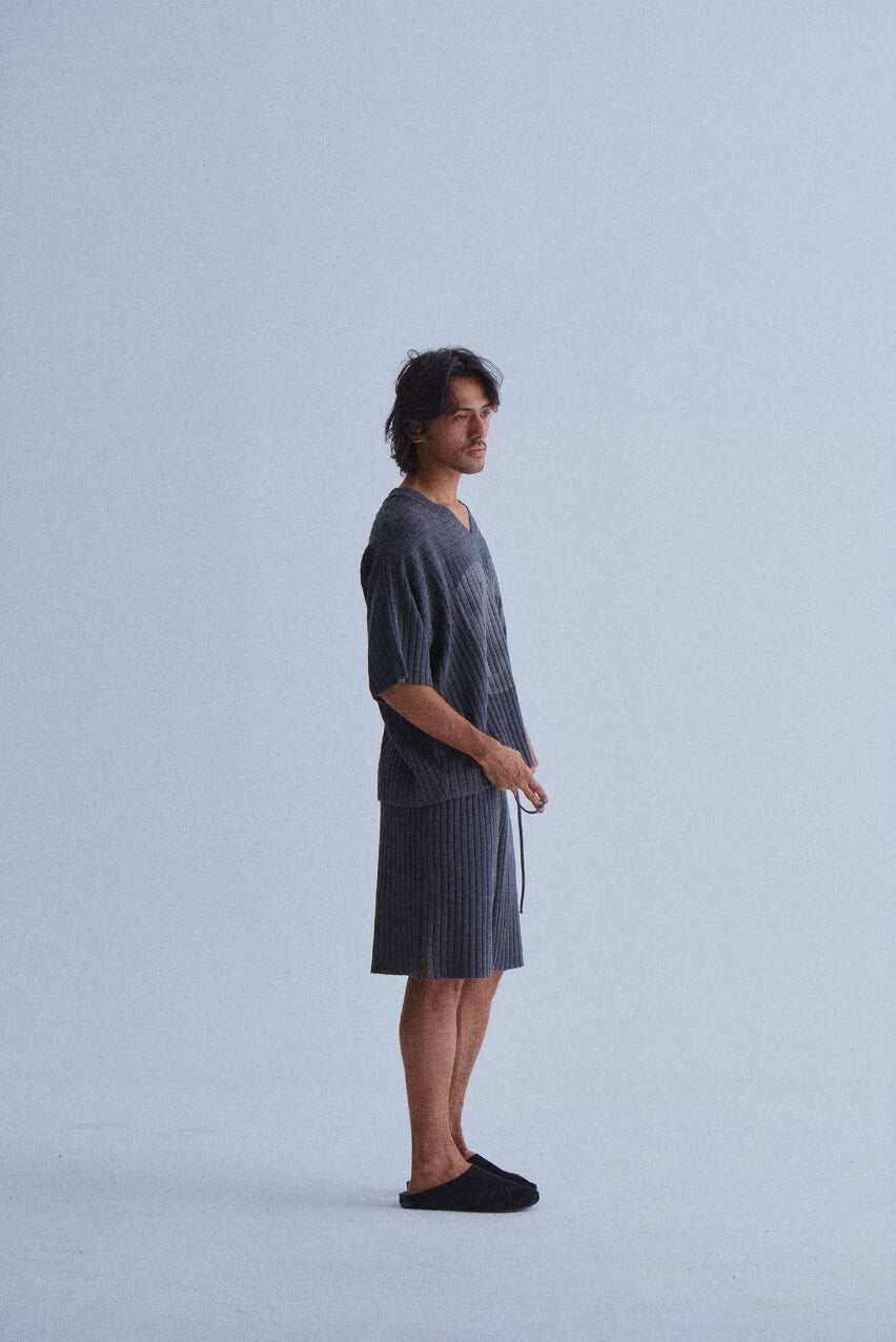 LIBERAFIT V Neck Ribbed Knit Short Sleeve Sweater