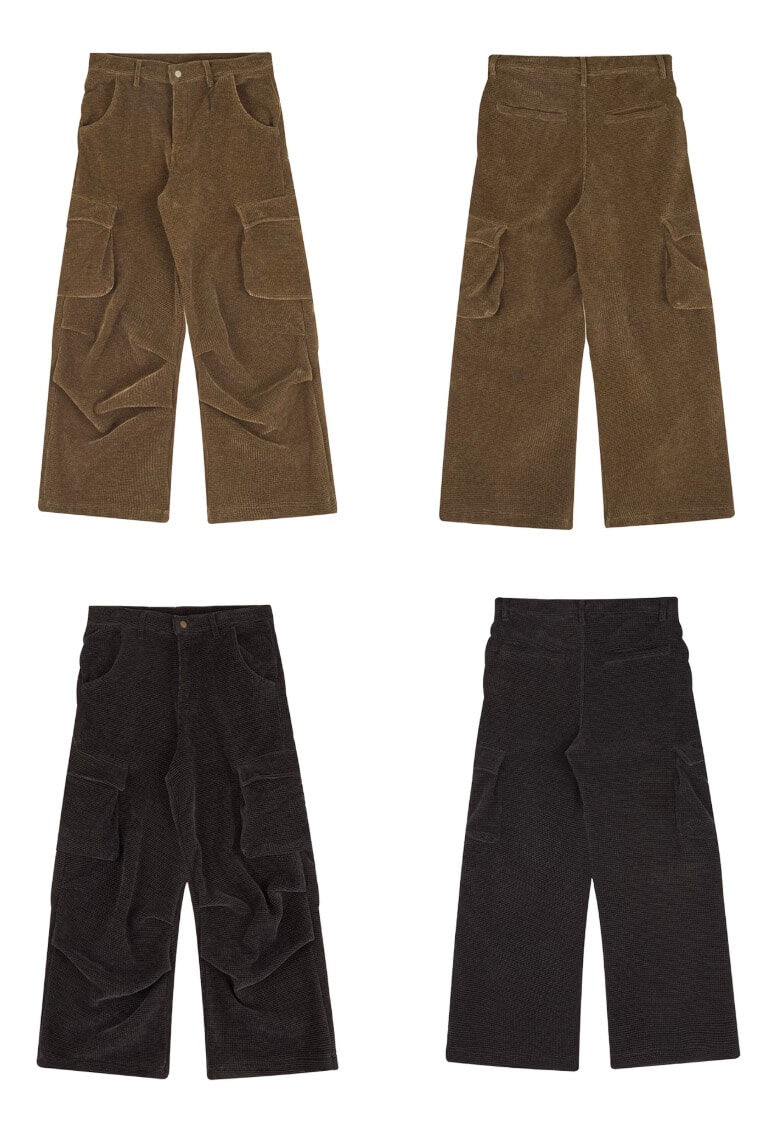 LIBERAFIT Waffle Texture Corduroy Flap Pocket Baggy Cargo Pants