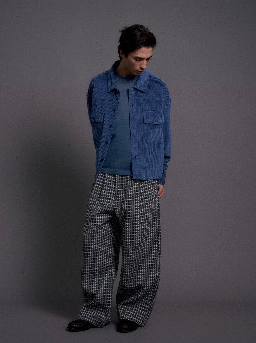 LIBERAFIT Wool Tweed Grid Pattern Pleated Baggy Trousers