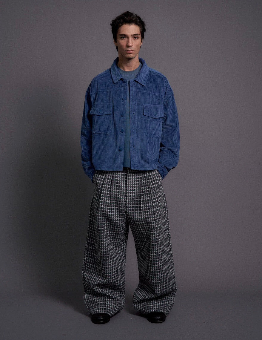 LIBERAFIT Wool Tweed Grid Pattern Pleated Baggy Trousers