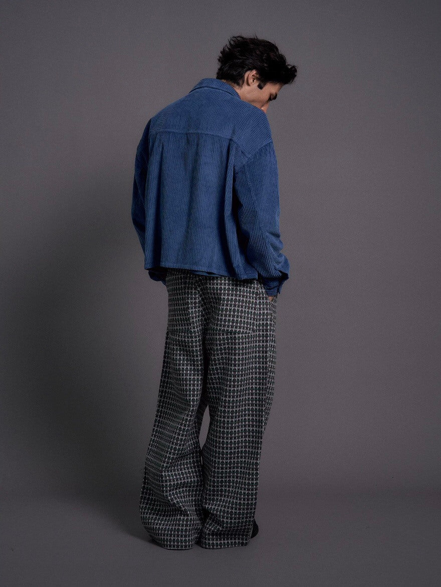 LIBERAFIT Wool Tweed Grid Pattern Pleated Baggy Trousers