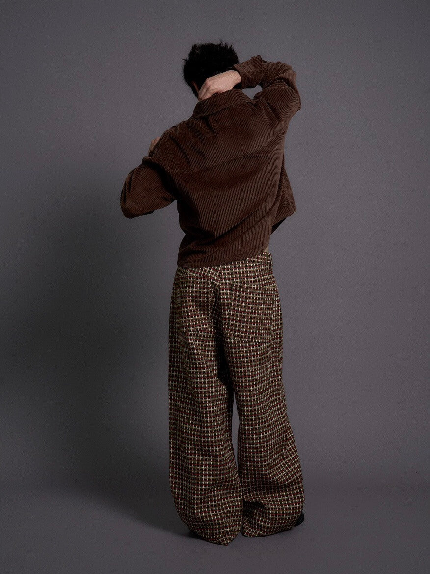 LIBERAFIT Wool Tweed Grid Pattern Pleated Baggy Trousers
