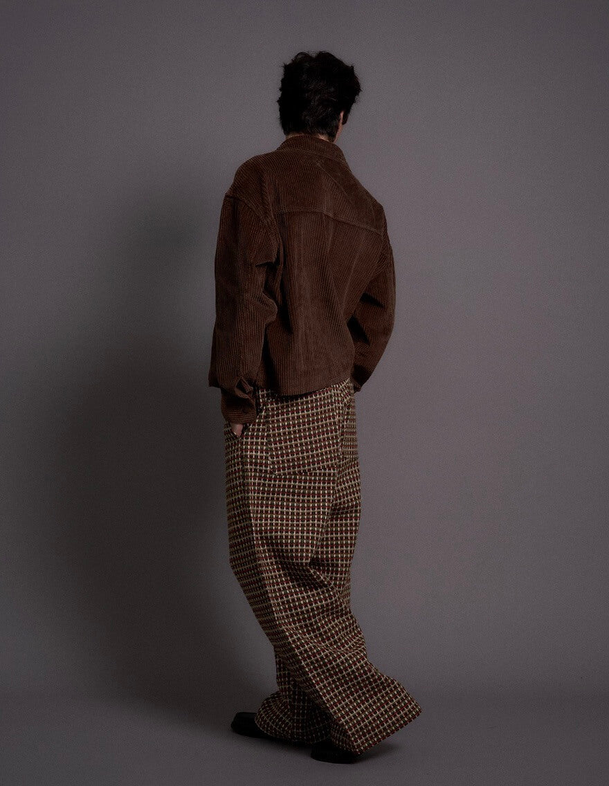 LIBERAFIT Wool Tweed Grid Pattern Pleated Baggy Trousers