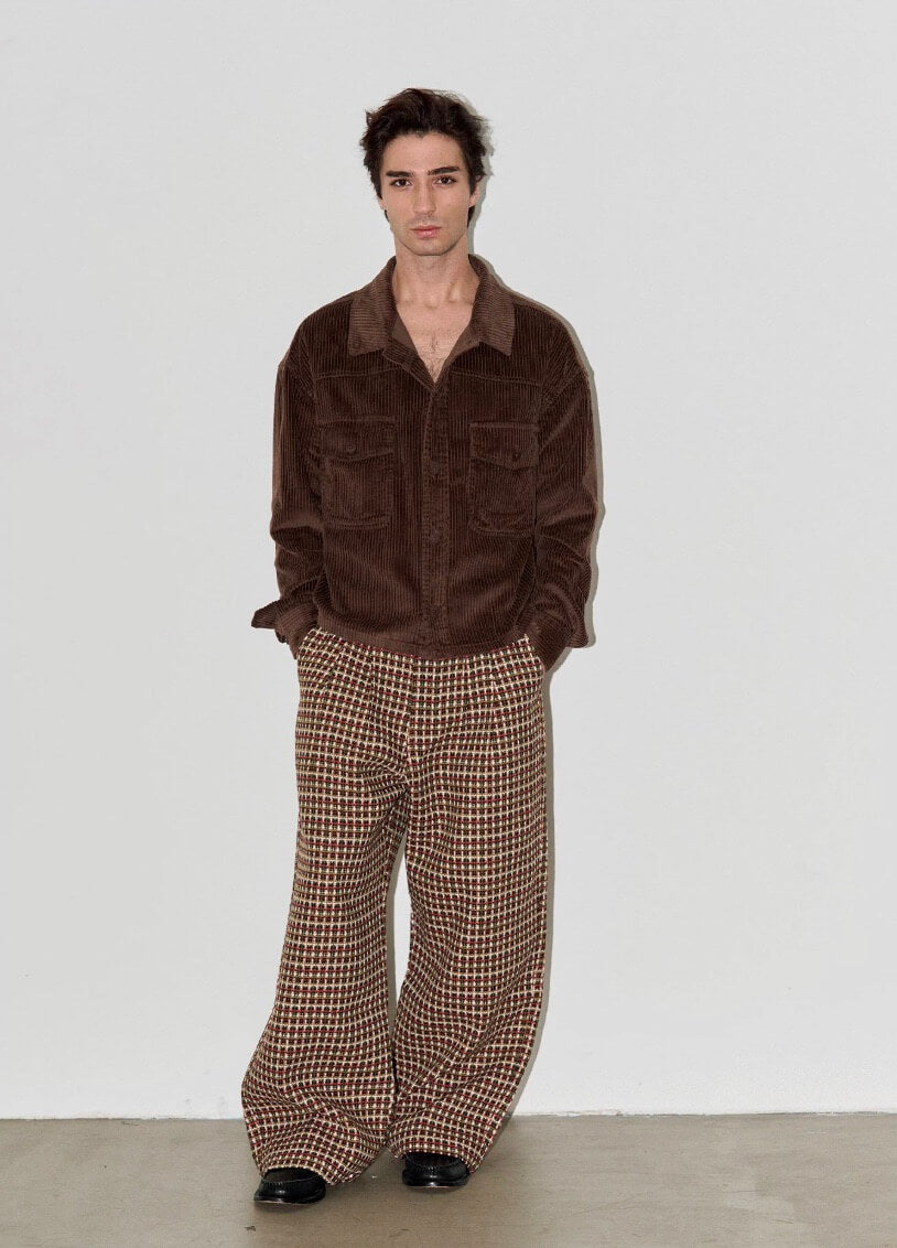 LIBERAFIT Wool Tweed Grid Pattern Pleated Baggy Trousers