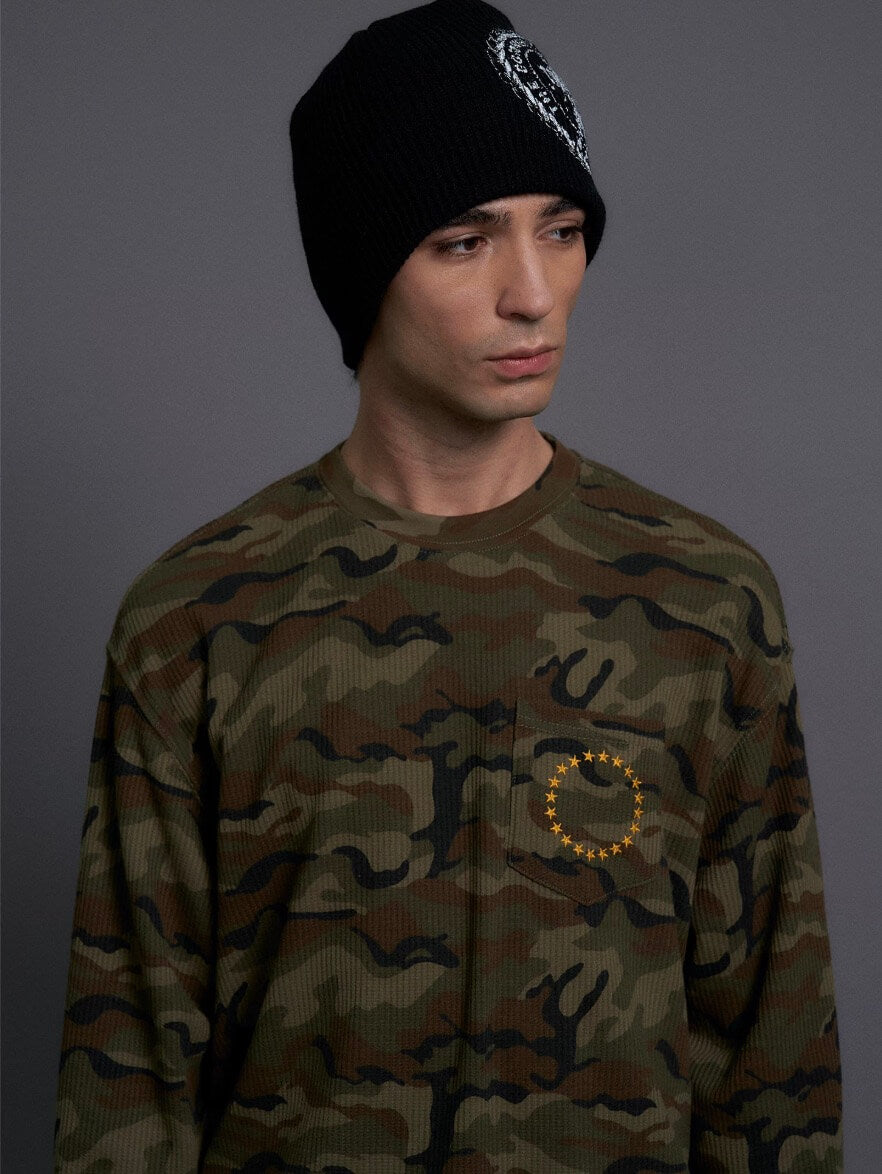LIBERAFIT Vintage Camo Leopard Waffle Star Embroidered Long Sleeve Tee