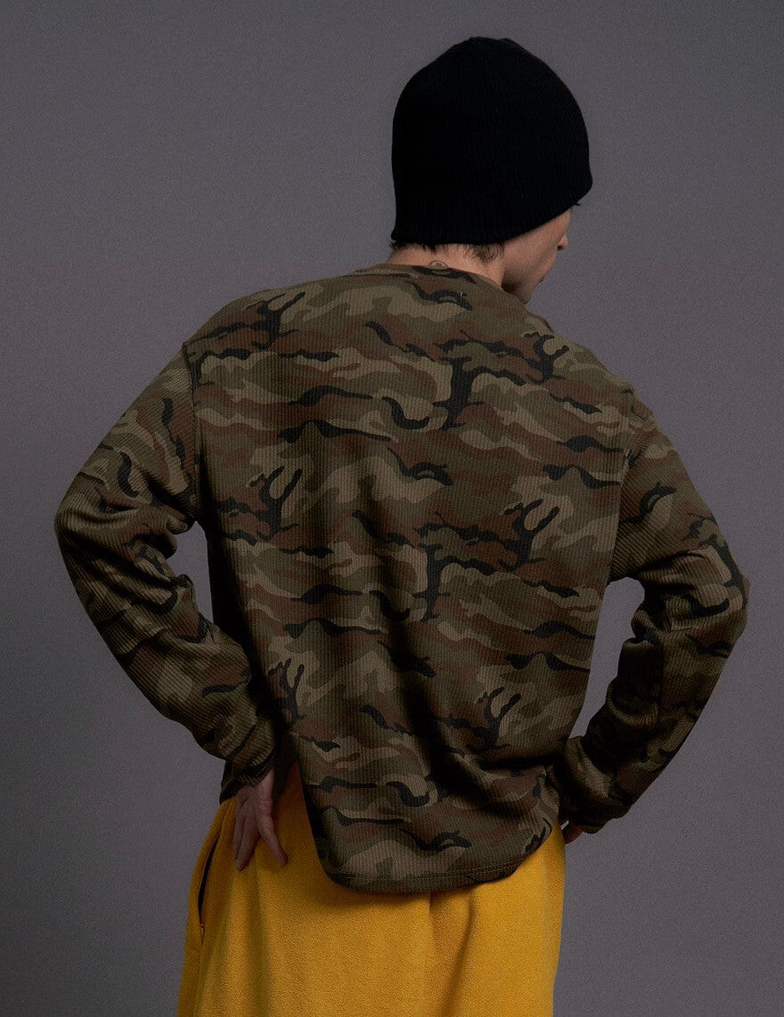 LIBERAFIT Vintage Camo Leopard Waffle Star Embroidered Long Sleeve Tee