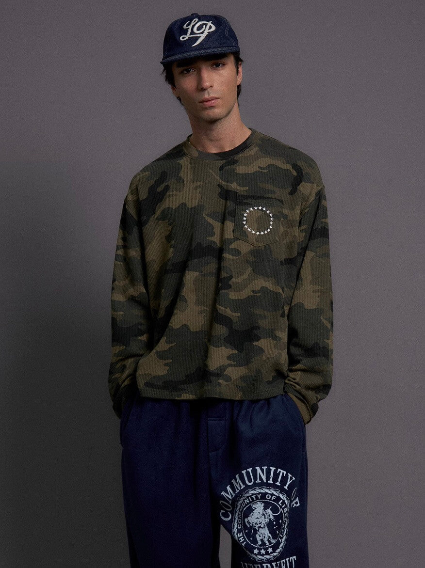 LIBERAFIT Vintage Camo Leopard Waffle Star Embroidered Long Sleeve Tee