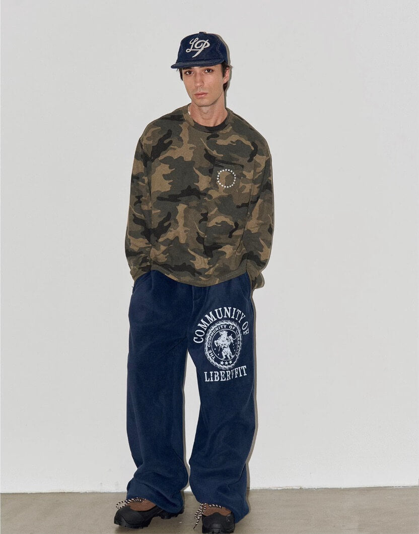 LIBERAFIT Vintage Camo Leopard Waffle Star Embroidered Long Sleeve Tee