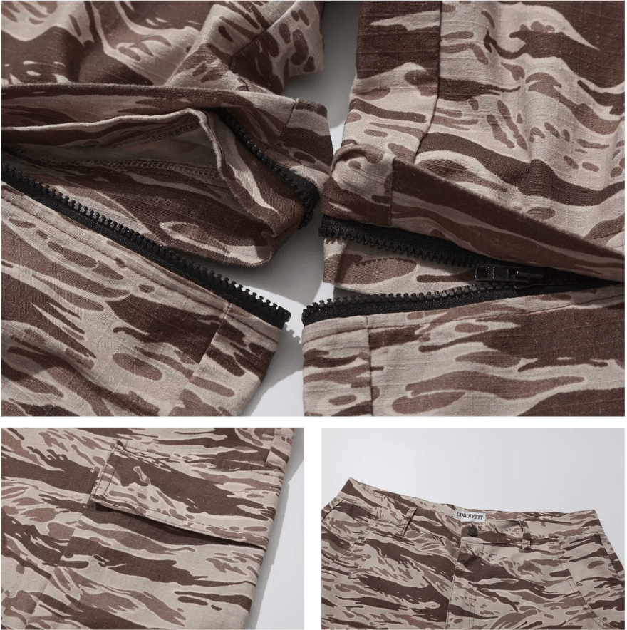 LIBERAFIT Tiger Camo 3D Patch Pocket Zip Off Cargo Pants