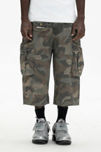 UNTILWERICH Washed Camo Multi Pocket Wide Cargo Below Knee Shorts