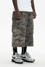UNTILWERICH Washed Camo Multi Pocket Wide Cargo Below Knee Shorts