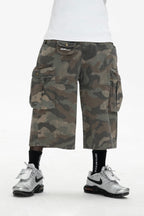 UNTILWERICH Washed Camo Multi Pocket Wide Cargo Below Knee Shorts
