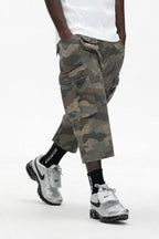 UNTILWERICH Washed Camo Multi Pocket Wide Cargo Below Knee Shorts