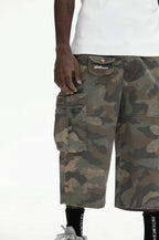 UNTILWERICH Washed Camo Multi Pocket Wide Cargo Below Knee Shorts