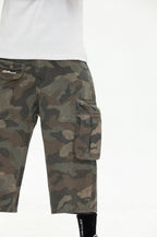 UNTILWERICH Washed Camo Multi Pocket Wide Cargo Below Knee Shorts