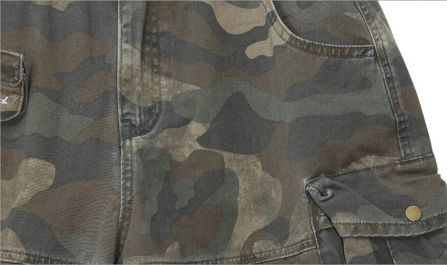 UNTILWERICH Washed Camo Multi Pocket Wide Cargo Below Knee Shorts