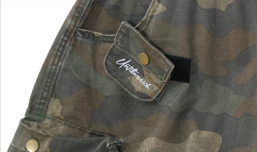 UNTILWERICH Washed Camo Multi Pocket Wide Cargo Below Knee Shorts