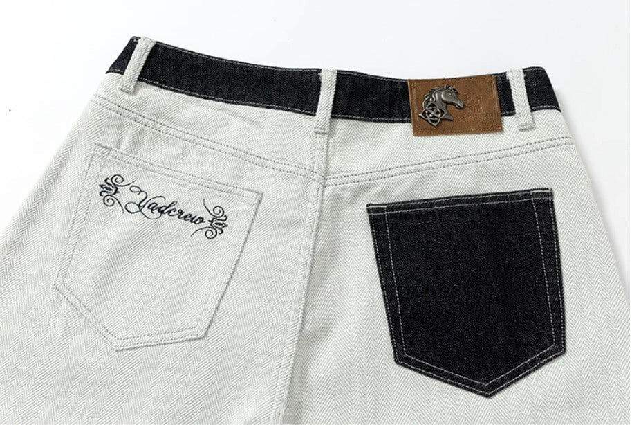 YADcrew Herringbone Waist Contrast Baggy Jeans