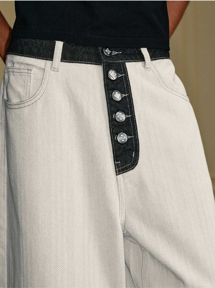 YADcrew Herringbone Waist Contrast Baggy Jeans