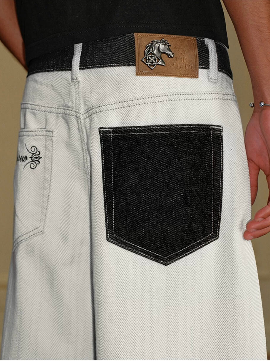 YADcrew Herringbone Waist Contrast Baggy Jeans