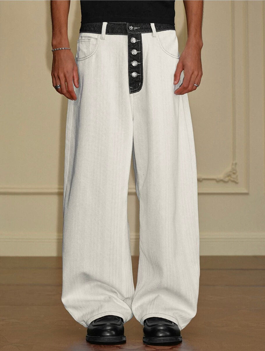 YADcrew Herringbone Waist Contrast Baggy Jeans