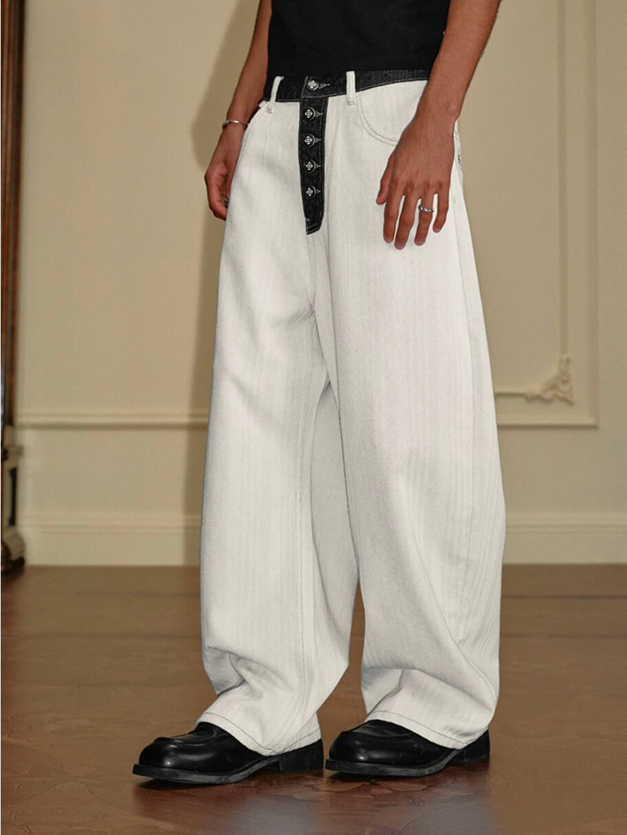 YADcrew Herringbone Waist Contrast Baggy Jeans