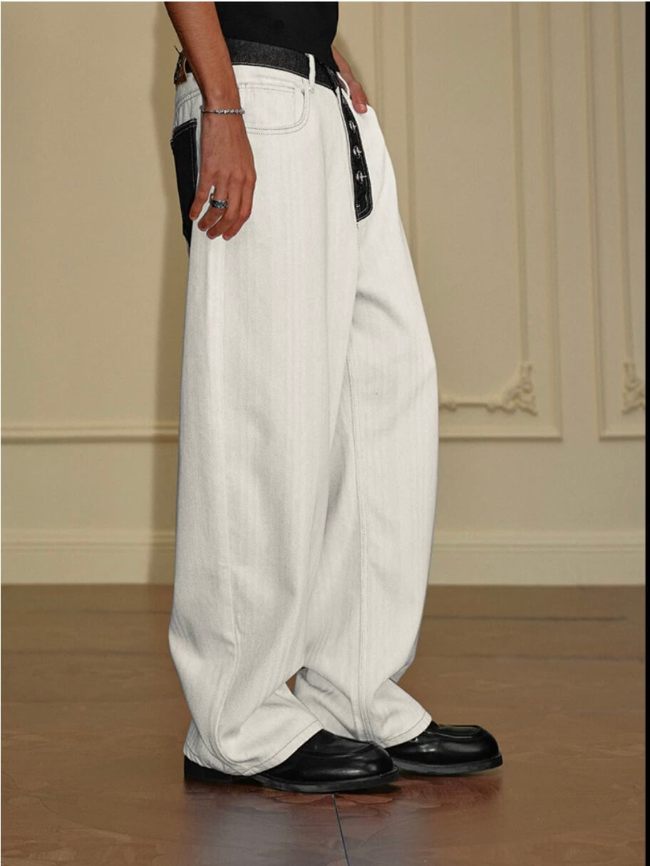 YADcrew Herringbone Waist Contrast Baggy Jeans