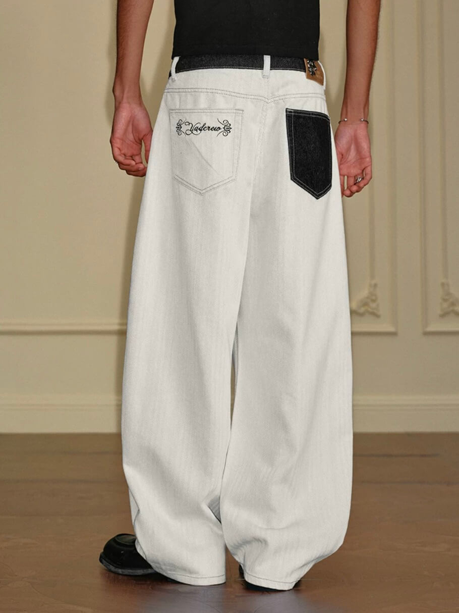 YADcrew Herringbone Waist Contrast Baggy Jeans