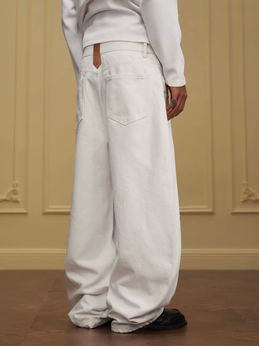 YADcrew Embossed Knee Leather Belt Loop Jeans