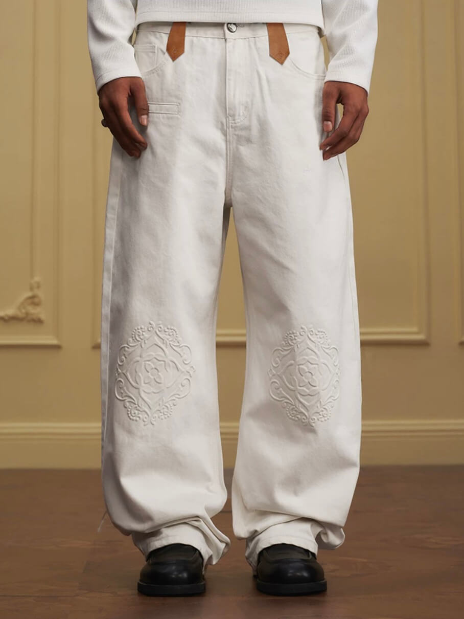 YADcrew Embossed Knee Leather Belt Loop Jeans