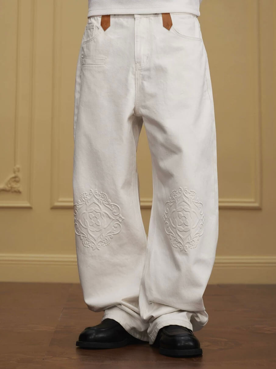YADcrew Embossed Knee Leather Belt Loop Jeans