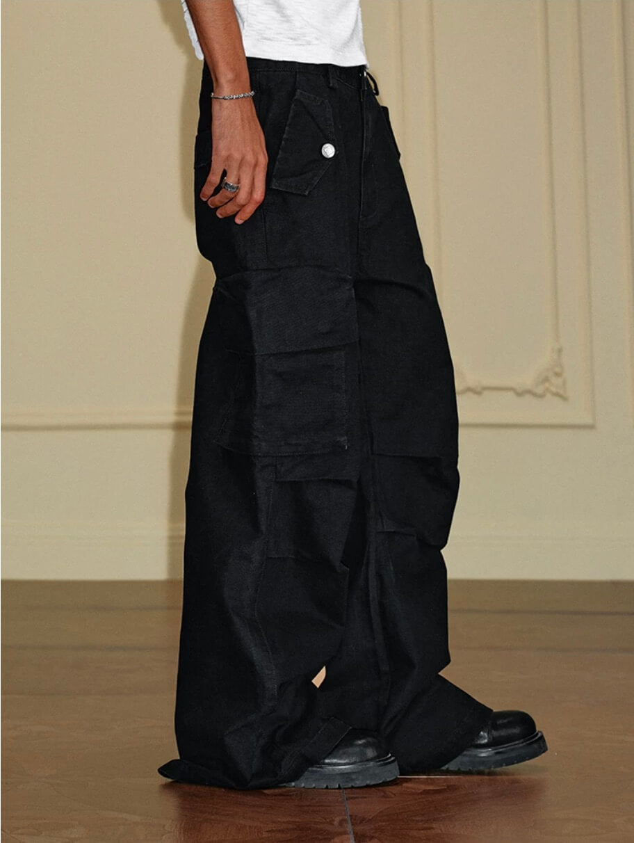 YADcrew Washed Double Pocket Wide Leg Cargo Pants