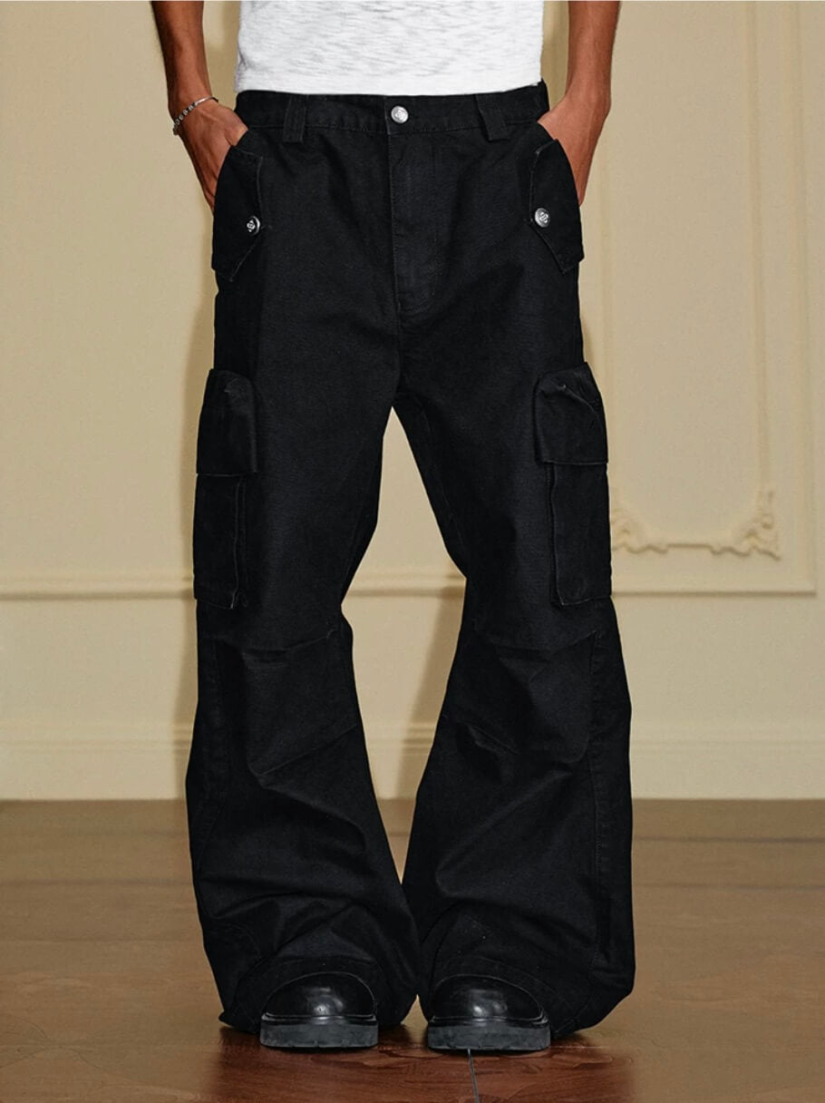 YADcrew Washed Double Pocket Wide Leg Cargo Pants