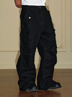 YADcrew Washed Double Pocket Wide Leg Cargo Pants