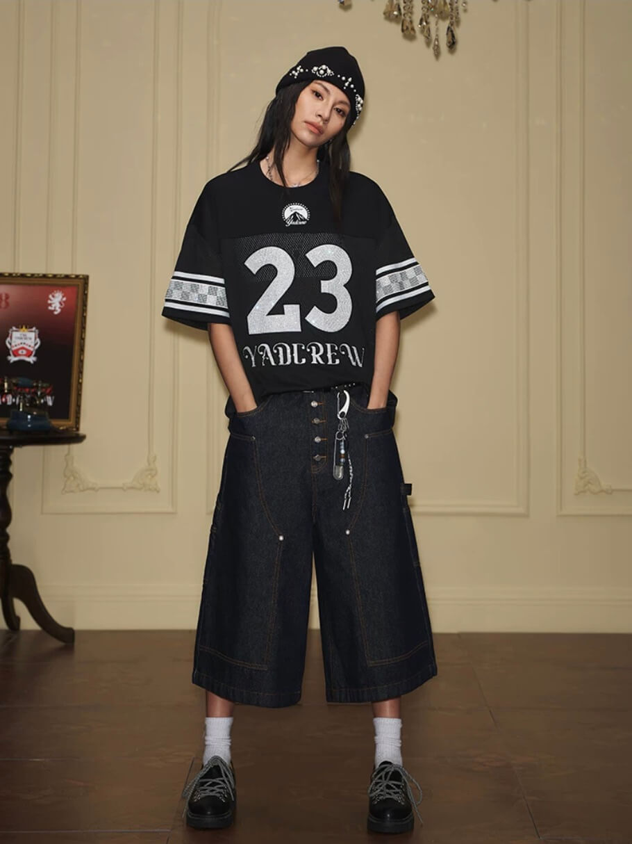 YADcrew Double Knee Denim Baggy Below Knee Shorts
