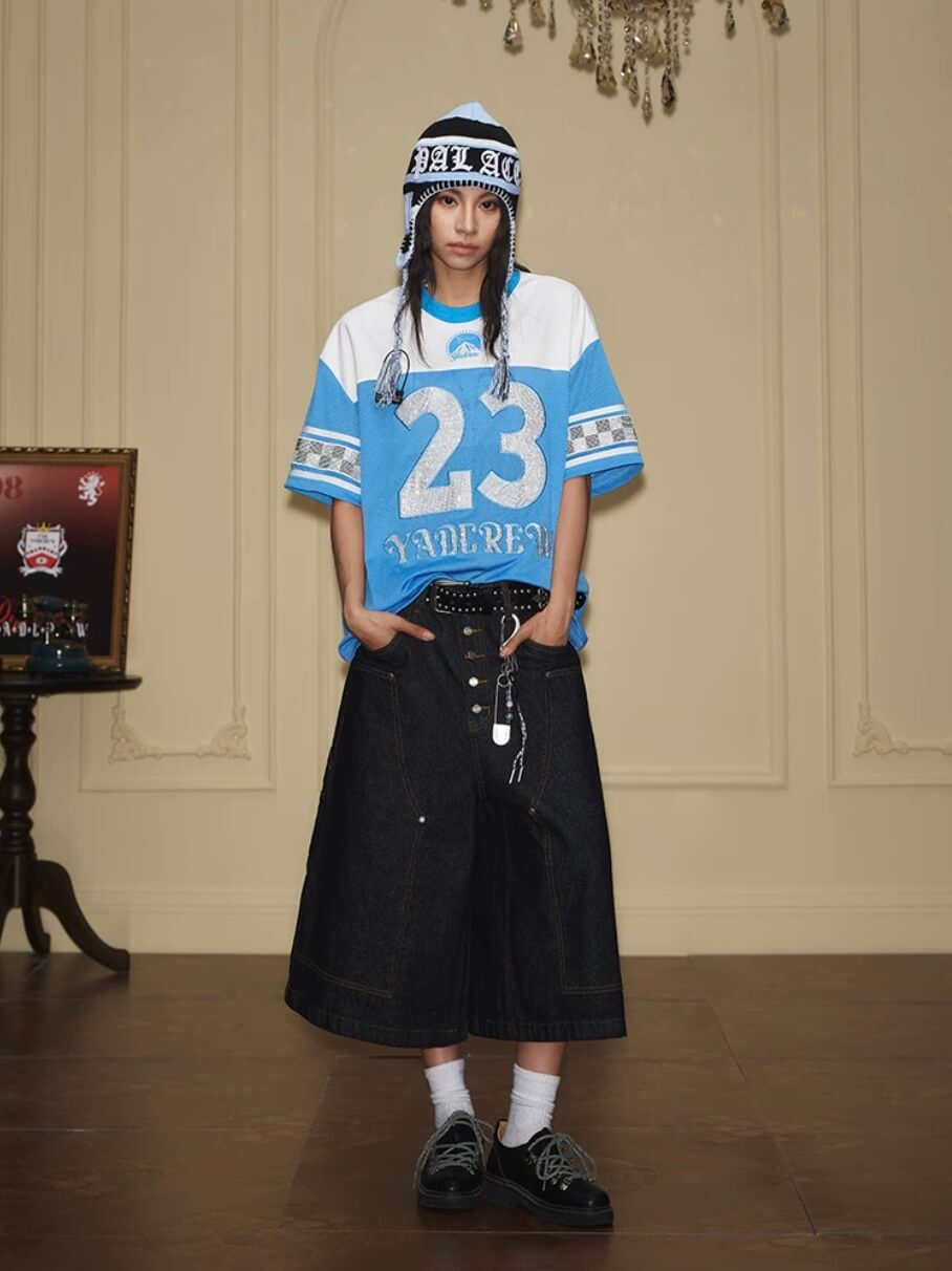 YADcrew Double Knee Denim Baggy Below Knee Shorts