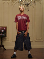 YADcrew Double Knee Denim Baggy Below Knee Shorts