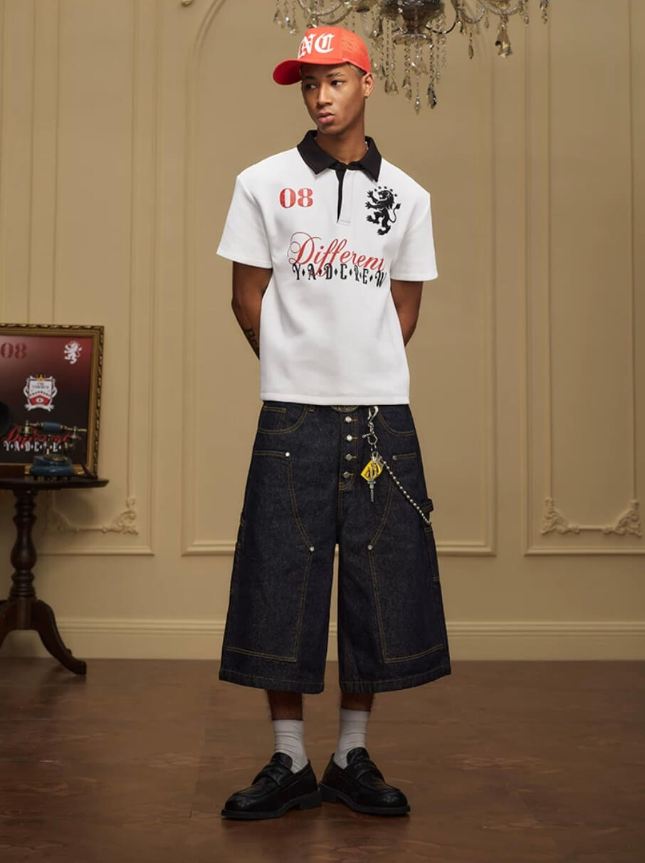 YADcrew Double Knee Denim Baggy Below Knee Shorts