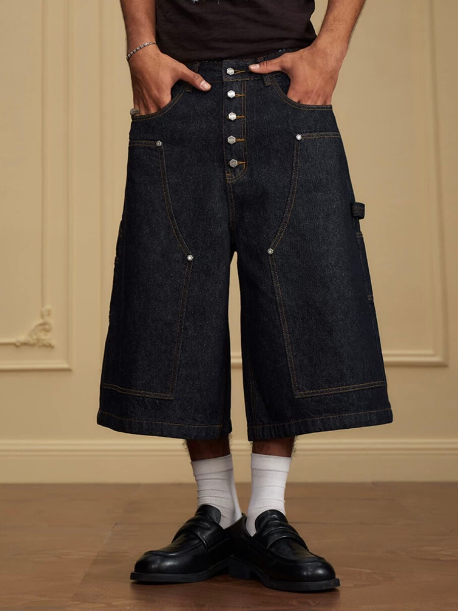 YADcrew Double Knee Denim Baggy Below Knee Shorts