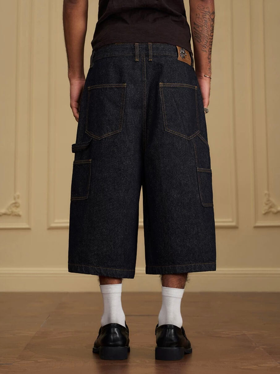 YADcrew Double Knee Denim Baggy Below Knee Shorts