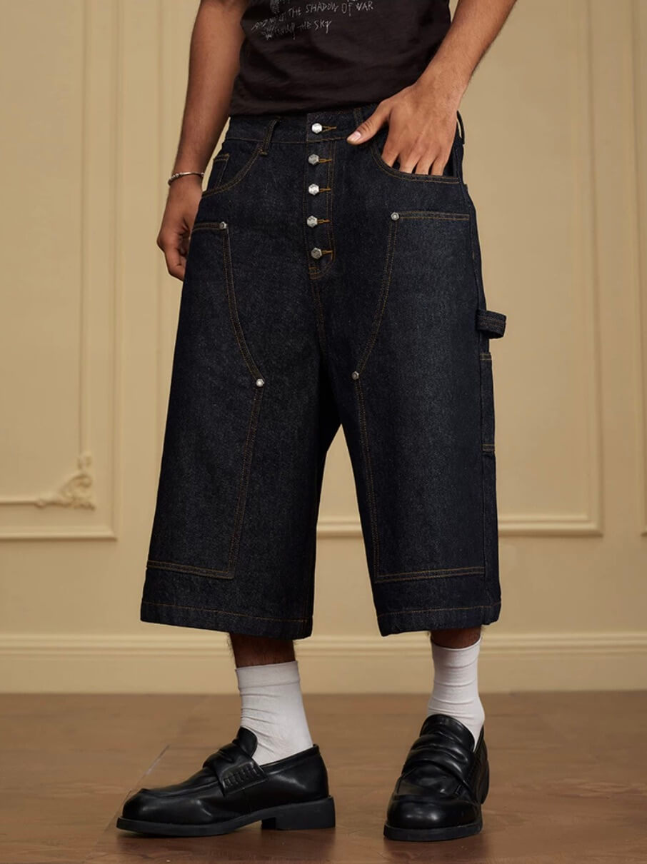 YADcrew Double Knee Denim Baggy Below Knee Shorts