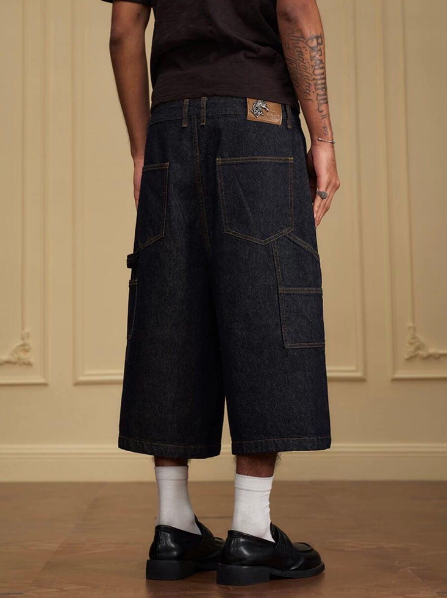 YADcrew Double Knee Denim Baggy Below Knee Shorts